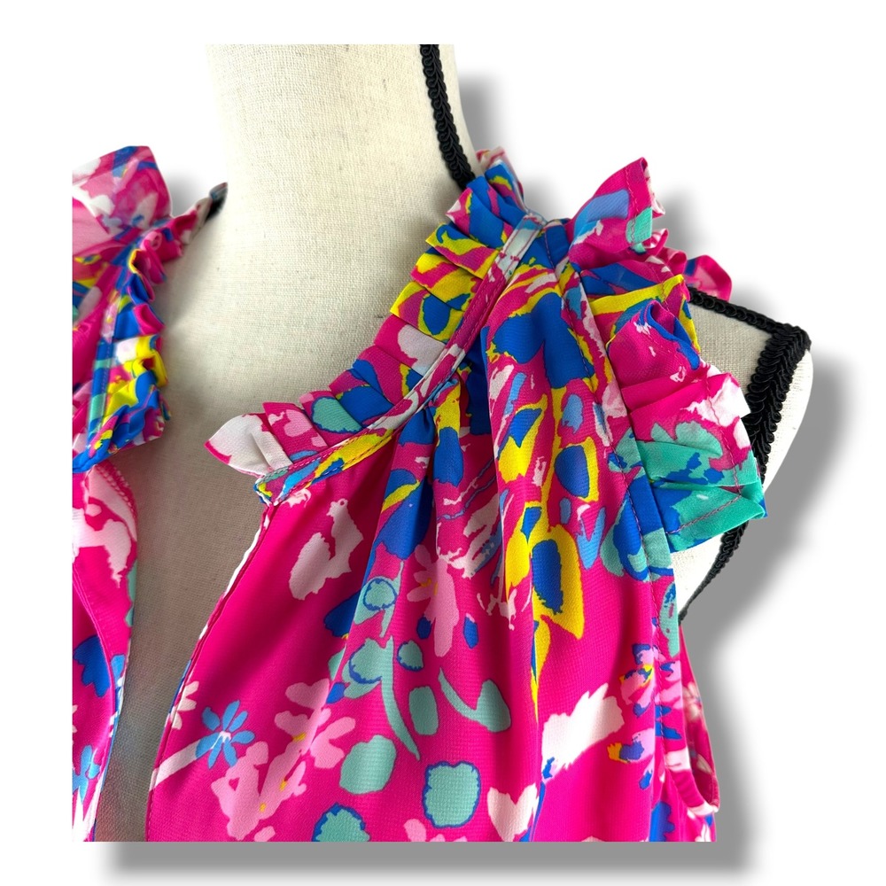 Mud Pie Womens Pink Floral Tiered Maxi Dress Sleeveless Ruffle Neck Large‎ L - Picture 5 of 14